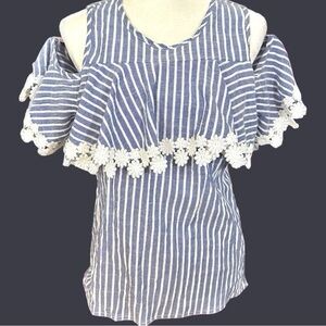 🌸Lola B- Blue/White Stripe Cold Shoulder Top with Flounce Daisy Embellish…